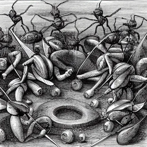 Image similar to anthromoroph ants building a ciry. epic game landscape shot. Highly detailed pen and ink. D&D art by Michelangelo