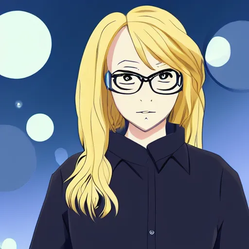 Prompt: A beautiful blonde female scientist, wearing a lab coat, in the style of anime, digital art