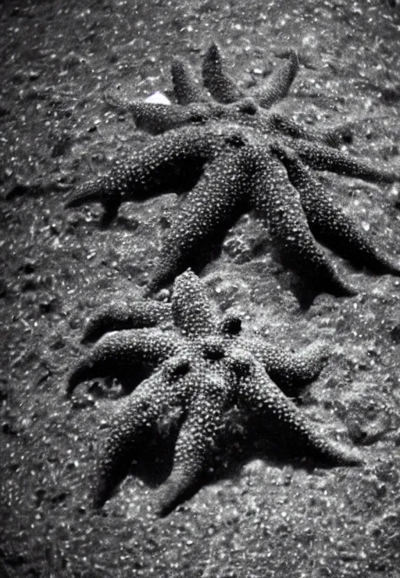 Image similar to North korean starfish monster, kaiju-eiga, thriller, monochrome, film grain, flare, backlit