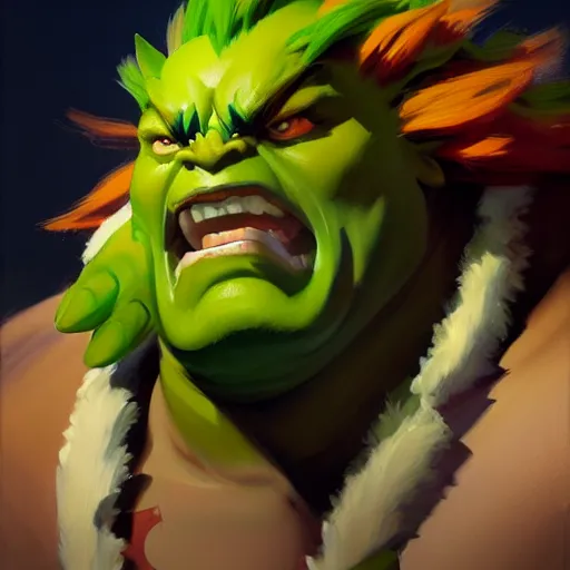 Image similar to Greg Manchess portrait painting of Blanka as Overwatch character, medium shot, asymmetrical, profile picture, Organic Painting, sunny day, Matte Painting, bold shapes, hard edges, street art, trending on artstation, by Huang Guangjian and Gil Elvgren and Sachin Teng