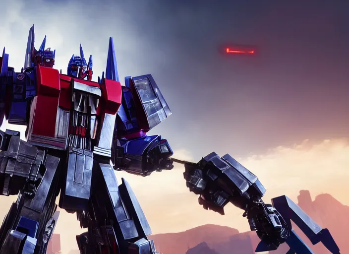 Image similar to optimus prime destroying a [ decepticon ], ultra realistic 4 k unreal engine very cinematic render with ray tracing bloom ambient occlusion strong reflections depth of field fog