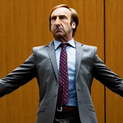Image similar to saul goodman doing t - pose in courtroom to intimidate prosector
