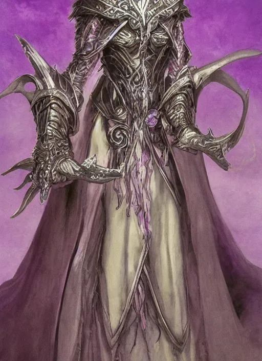 Image similar to portrait of young female prophetess of the endtimes, transluscent skin, silver filigreed armor, lavender hair, beautiful! coherent! dungeons and dragons character, by brian froud, strong line, cool night color, high contrast