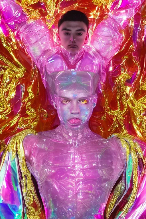 Prompt: hyper detailed ultra sharp fullbody photo of baroque and cyberpunk transparent pink gem sculpture of a muscular seductive young latino feeling muy cachondo, muy dotado, iridescent humanoid deity wearing pink plastic seethrough cloak, holding a rainbow tiger gem, blue diamond, glowing pink face, crown of white diamonds, cinematic lighting, photorealistic, octane render 8 k