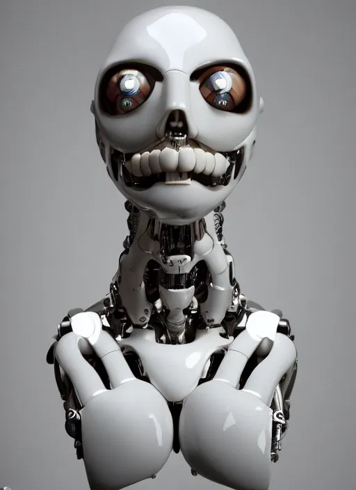 Image similar to portrait of a bone ceramic humanoid robot Spanish, reaching up to the sky, attractive face and handsome features, large friendly eyes, macho, dotado, guapo, reflective surface, trending on cgsociety, trending on artstation