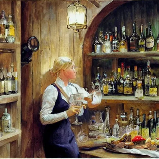 Prompt: hot blonde working in a wine cellar, food, pork, beer, schnapps, rustic, traditional, torches on the wall, painting by vladimir volegov and carl larsson