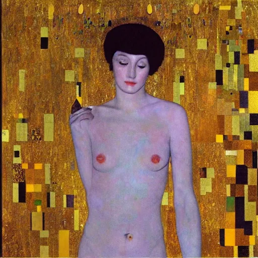 Image similar to portrait of a surreal goddess floating in the middle of a ancient wood, painting by Gustav Klimt and Andy Warhol