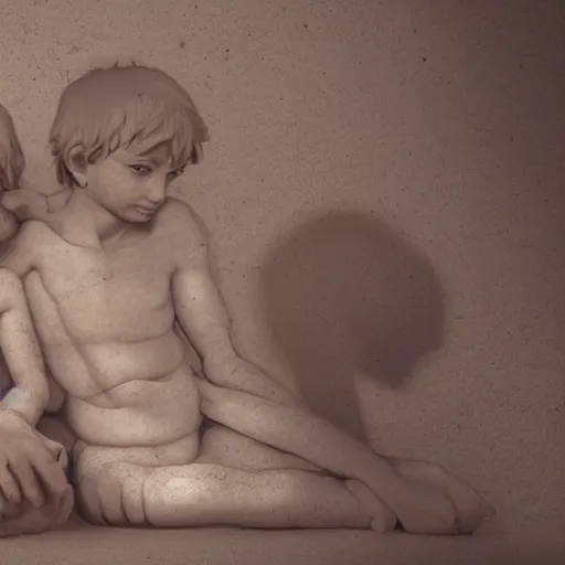 Prompt: a couple of kids sitting next to each other, concept art by michelangelo, trending on cg society, sots art, official art, wallpaper, rendered in maya,