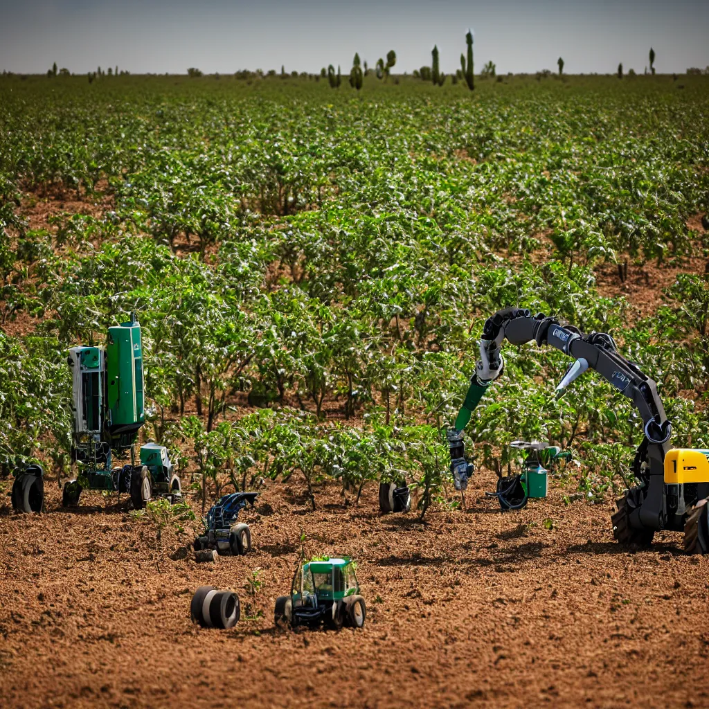 Image similar to robotic farming machinery maintaining a permaculture jungle in the desert, XF IQ4, 150MP, 50mm, F1.4, ISO 200, 1/160s, natural light