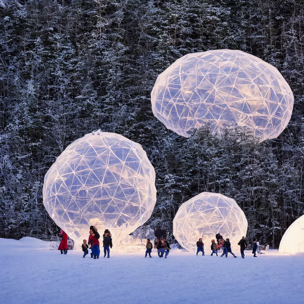 Prompt: A night photo of a family playing in the snow in front of glowing inflatable geodesic house made of clear plastic sheeting. The bubble house glows from within with warm light. The inflated bubble house is at the edge of a snowy winter forest. Coronarender, 8k, photorealistic