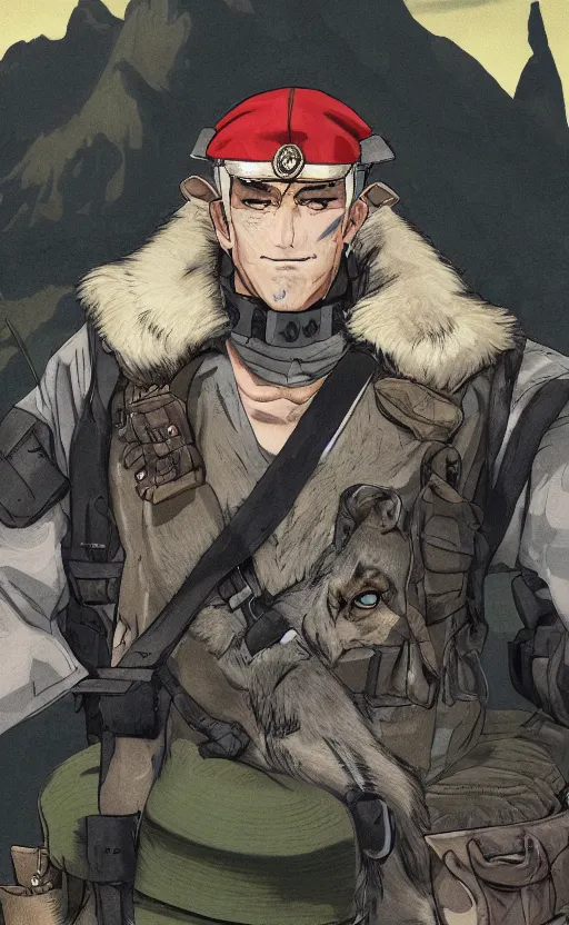 Image similar to close up character portrait icon of the german shepard beast - man military uniform head animal person wearing clothes standing in the mountains, hidari, color page, tankoban, 4 k, tone mapping, akihiko yoshida