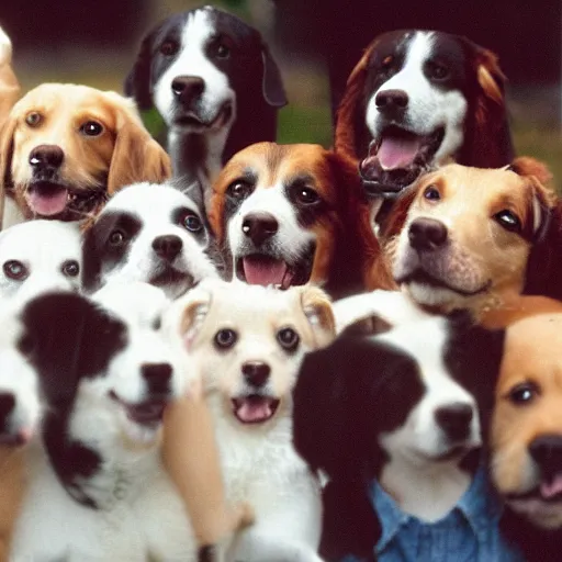 Image similar to 3 5 mm photo of many happy dogs together