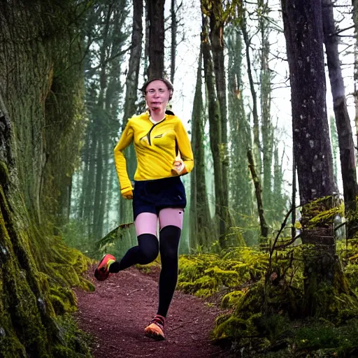 Image similar to a beautiful female orienteer wearing a yellow long - sleeved shirt and black tights runs in the forest, award winning photo, sigma 5 5.