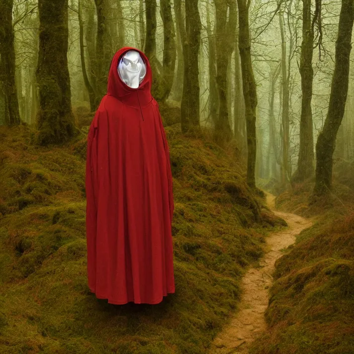 Prompt: a woman wearing a hood made of wire and plastic, in vast mossy forest, by jan van eyck, canon eos c 3 0 0, ƒ 1. 8, 3 5 mm, 8 k, medium - format print