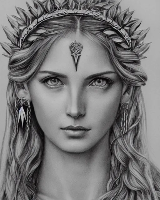 Image similar to long shot realism pencil drawing of a beautiful greek goddess aphrodite wearing a laurel wreath and arrowhead earrings, beautiful confident eyes, beautiful flowing hair, hyper realistic face, in the style of artgerm, fantasy, amazing detail, epic, elegant, smooth, sharp focus, from the front