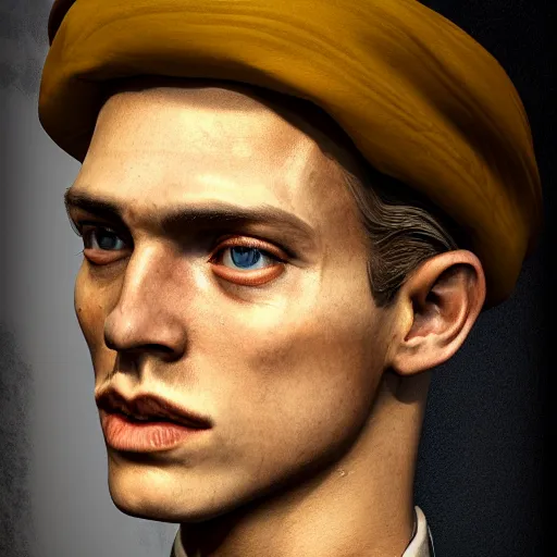 Prompt: A Hearts of Iron IV portrait of a blond young Spanish actor with high cheekbones. Good bone structure. Dressed in 1940s style. Highly detailed, fine Art, high detail, great lighting, 8k resolution, masterpiece, concept art, illustration, clear eyes, painting oil on canvas, octane render, HDR, trending on artstation, 4k, 8k, HD