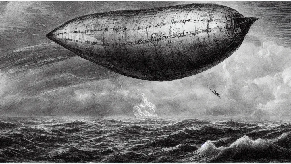 Image similar to drawing of one giant steampunk zeppelin flying above a stormy ocean, by gustave dore, nineteenth century, black and white, vintage, science fiction, epic composition, dramatic lighting, highly detailed, cinematic