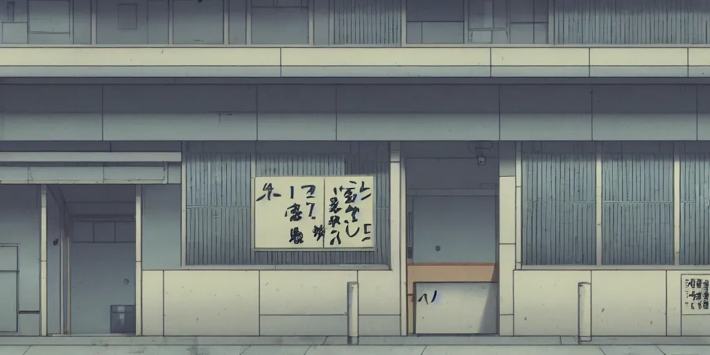 Prompt: close up front view of a japanese building facade with signs on it, official art from the anime film by Makoto Shinkai