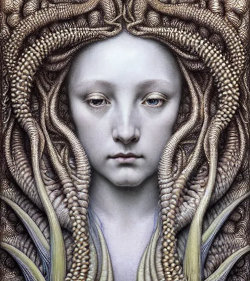 Image similar to detailed realistic beautiful tide goddess face portrait by jean delville, gustave dore, iris van herpen and marco mazzoni, art forms of nature by ernst haeckel, art nouveau, symbolist, visionary, gothic, neo - gothic, pre - raphaelite, fractal lace, intricate alien botanicals, ai biodiversity, surreality, hyperdetailed ultrasharp octane render