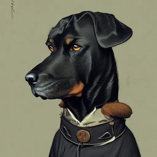 Image similar to ripped physique crown collar leash Man portrait Sherlock Samuel Beckett snout Detective Anthropomorphic furry fuzzy fashion vogue Rotweiler man wearing a Rotweiler costume wearing a hobo costume gerald brom bastien grivet greg rutkowski norman rockwell portrait face head snout ears eyes illustration tombow