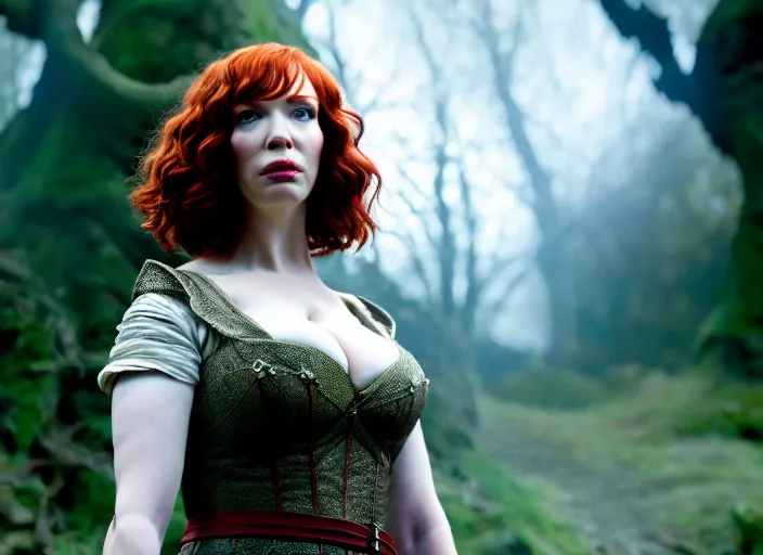 Image similar to filmstill christina hendricks the - lord - of - the - rings, 1 0 0 mm lens, canon eos, red cinema camera, frontal view, dynamic pose, intricate, elegant, highly detailed, centered, redshift, octane, smooth, sharp focus, zeiss lens,