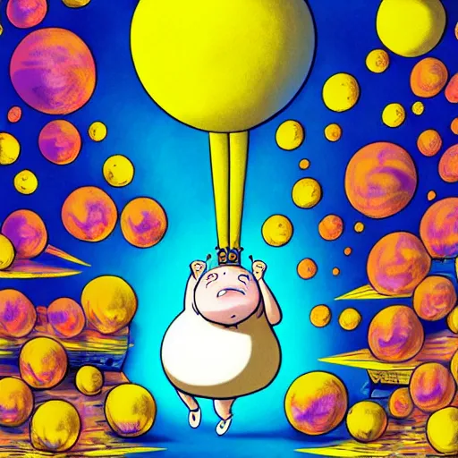 Image similar to trippy comic art of a obese pig wearing a gold crown throwing tan paper balls into the air, drawn by Martin Rowson, Tim Burton, Studio Ghibli, Alex Pardee, Nekro Petros Afshar, James McDermott, colors by lisa frank, unstirred paint, vivid color, cgsociety 4K