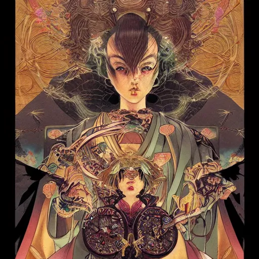 Image similar to portrait of crazy fortune teller, symmetrical, by yoichi hatakenaka, masamune shirow, josan gonzales and dan mumford, ayami kojima, takato yamamoto, barclay shaw, karol bak, yukito kishiro