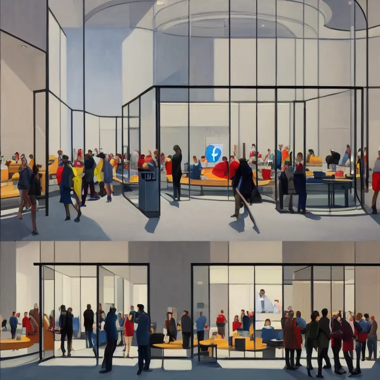 Image similar to inside apple store on opening day in London, painted by Edward Hopper, painted by James Gilleard, airbrush