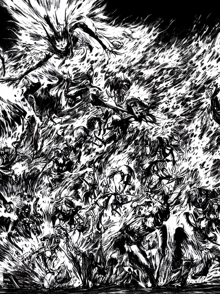 Prompt: field on fire, demons attacking humans, black and white, manga