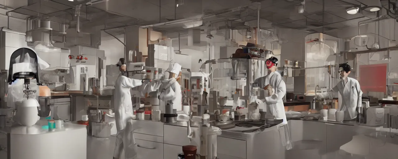 Prompt: a hyper complex drip coffee maker in the 1 9 7 0 s era kitchen, a coffee scientist dressed in a lab coat taste testing the coffee hownosm and james jean, ultimate collab, epic, unreal engine 5, coming to life popping out of the wall 3 d, h 6 4 0