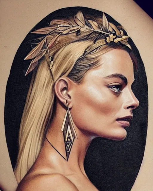 Prompt: realism tattoo sketch of margot robbie as a beautiful greek goddess aphrodite with piercing eyes wearing a laurel wreath and triangle earrings, in the style of greg rutkowski, amazing detail, side view