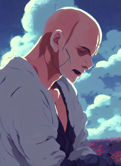 Image similar to portrait of sting, wrestling, wwe, cloudy sky background lush landscape illustration concept art anime key visual trending pixiv fanbox by wlop and greg rutkowski and makoto shinkai and studio ghibli