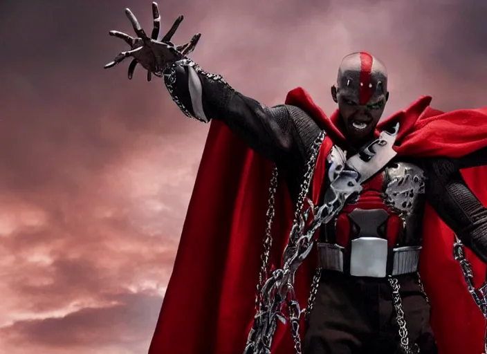 Image similar to film still of jamie foxx as spawn in the new spawn movie, giant chains, large cape, 8 k