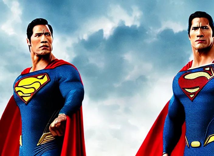 Image similar to film still of dwayne the rock johnson as superman in the new superman movie, 4 k