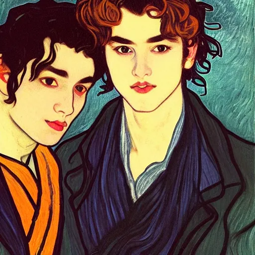 Image similar to painting of young cute handsome beautiful dark medium wavy hair man in his 2 0 s named shadow taehyung and cute handsome beautiful min - jun together at the halloween party, bubbling cauldron, candles, smoke, tarot, autumn colors, elegant, stylized, soft facial features, delicate facial features, art by alphonse mucha, vincent van gogh, egon schiele