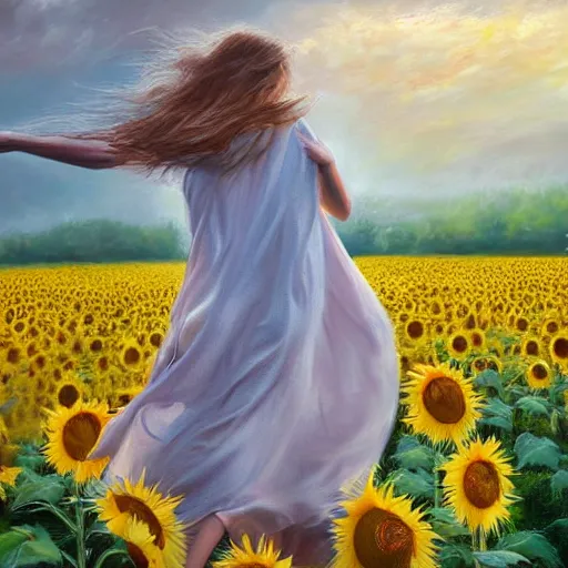 Image similar to a girl slowly running through amazing tall sunflower field, hair flowing, dynamic hands position, fog, early morning lightning, subtle, intricate details, real masterpiece, oil on canvas, by somsak anong