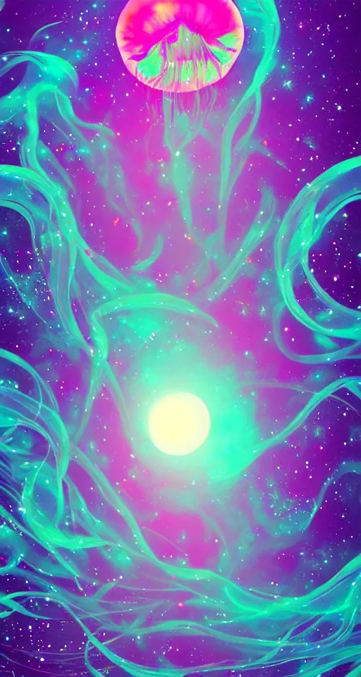 Prompt: the moon turning into a majestic jellyfish made out of the cosmos, drifting through a vaporwave ocean, vaporwave style, iphone wallpaper, digital art