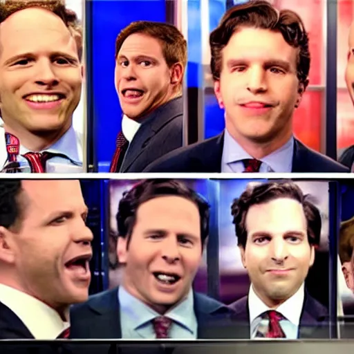 Image similar to a high quality photograph fox news broadcast screesshot of max blumenthal, jimmy dore, aaron mate, tucker carlson, matt taibbi, glenn greenwald having a tickle fight on tucker carlson tonight