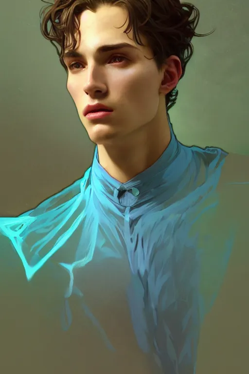 Image similar to full figure portrait of a single beautiful young fit man, dressed of modern transparent fluent shirt and large pants, by greg rutkowski and alphonse mucha, d & d character, gradient brown to cyan, interior design background, highly detailed portrait, digital painting, artstation, concept art, smooth, sharp focus ilustration, artstation hq