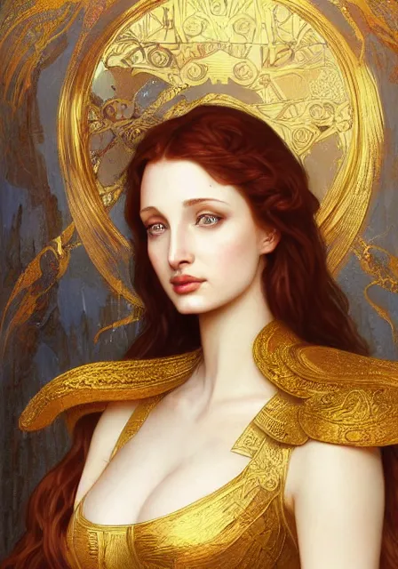 Image similar to sansa angeline jolie gessica chastain mummy cleopatra gold blood, intricate, elegant, highly detailed, digital painting, artstation, concept art, smooth, sharp focus, illustration, art by artgerm and greg rutkowski and alphonse mucha and william - adolphe bouguereau