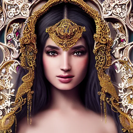 Image similar to portrait of pretty princess with perfect skin, glowing, ornate and intricate diamond jewelry, jaw dropping beauty, ornate and intricate backdrop, white accent lighting, hyper detailed, 4 k octane render