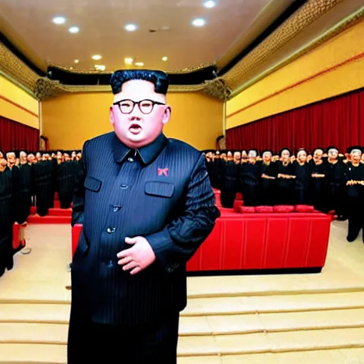 Image similar to paparazzi photo of Kim Jong-un with a microphone in his left hand rapping alone in a empty theater, wide angle, uhd, 8k, award winning