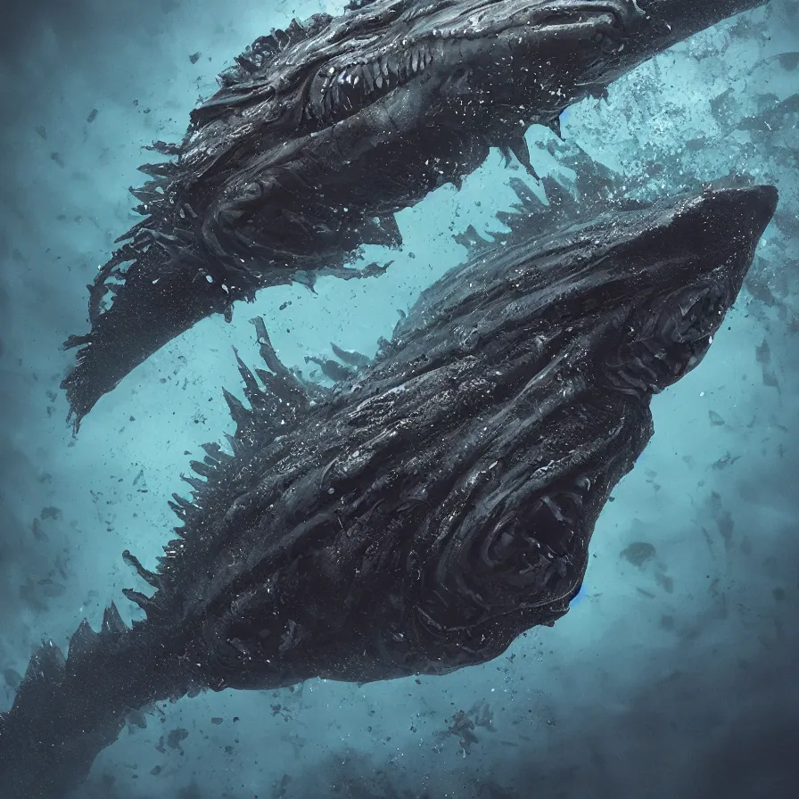 Prompt: a deep sea leviathan in dark water, high definition, national geographic, terrifying, 8k, trending on artstation