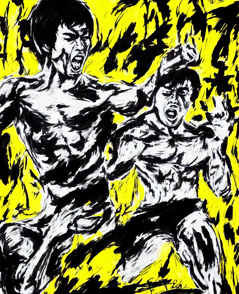 Prompt: a portrait of bruce lee screaming drawn with black and yellow permanent marker