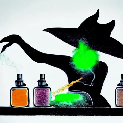 Prompt: black cat, teen witch mixing a spell in a cauldron, wispy smoke, witch hat, studio photography, green glowing smoke is coming out of the cauldron, ingredients on the table, apothecary shelves in the background, still from a nickelodeon show