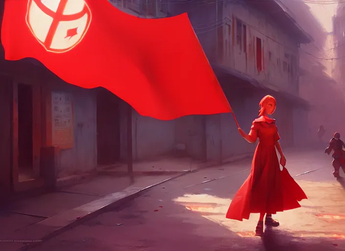 Image similar to glowing girl carrying a red propaganda flag walking through poor district, DSLR 85mm, by Craig Mullins, ilya kuvshinov, krenz cushart, artgerm, Unreal Engine 5, Lumen, Nanite