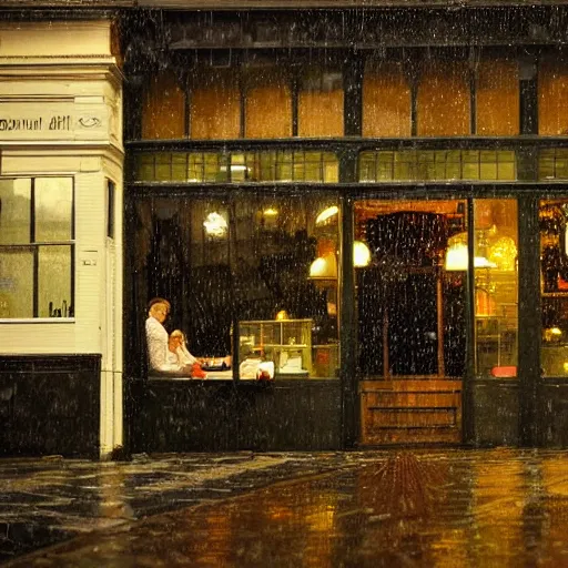 Image similar to cafe in a rainy victorian city, photograph
