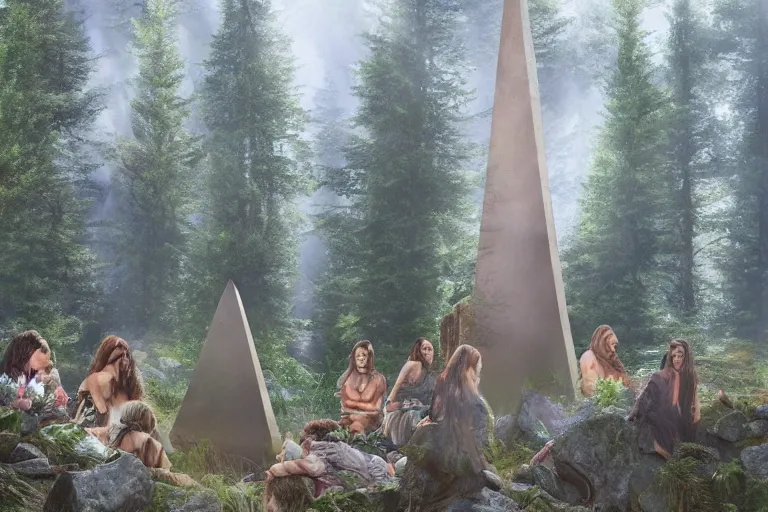 Prompt: druids gather on mountain in forest, glowing obelisk, dreamy vibe. Photo-realistic UHDR, hyperrealism. detailed, dramatic, cinematic,