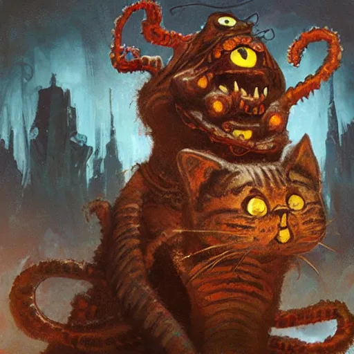 Image similar to a eldritch god of garfield the cat, evil, eldritch, lovecraftian, craig mullins