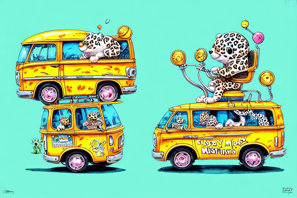 Prompt: cute and funny, baby leopard wearing a helmet riding in a mystery machine van, ratfink style by ed roth, centered award winning watercolor pen illustration, isometric illustration by chihiro iwasaki, edited by range murata, tiny details by artgerm and watercolor girl, symmetrically isometrically centered, sharply focused